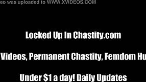 Dominatrix humiliates and toys with a man who wears a chastity cage