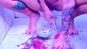Foot fetish crushes explored by amateur lesbians in food porn