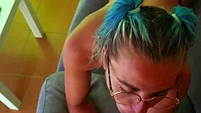 This beautiful girl has blue hair, perfect body, she rides you hard in cowgirl