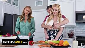 A hot threesome with a lucky guy and two busty cougars fulfilled stepfantasy