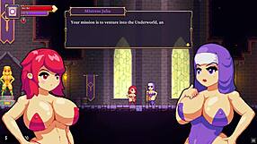 Hentai game cosplay scene with strips and strapons, cartoon pornstars