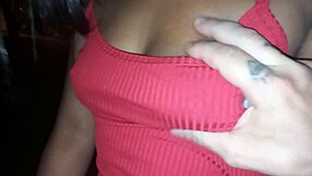 Latina brunette trains husband with intense public sex on grass until he cums, watched by guard.