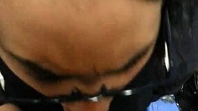 ebony girl in glasses sucks my black cock until i cum all over her