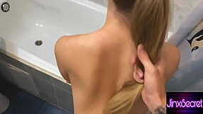 Heavy penetration mixed with some chest touching in the bathroom