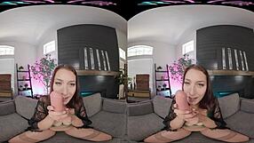 in this vr scene, a brunette with big tits teases closer using toys in stockings for masturbation