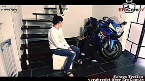Watch this German tattoo slut milf fuck at the motorcycle garage for cum in mouth!