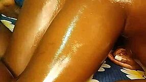 She moans as he fills her shaved pussy with a hot creampie after intense oral sex.