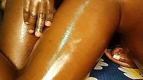 She moans as he fills her shaved pussy with a hot creampie after intense oral sex.