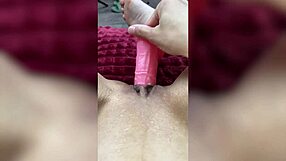 Shaved pussy solo with big pink dildo and powerful vibrator