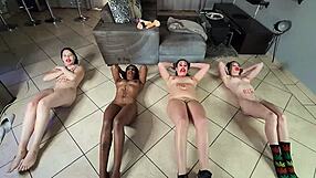 four stupid sluts gagging on dildos during workout exercises