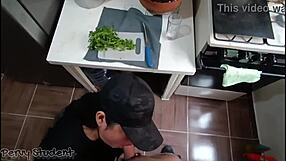 Latina amateur sucks and swallows cum in kitchen POV