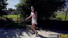 sabrina valentine rides hard for cash, tattooed and shaved, brunette hardcore with cumshot on tits