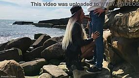 Risky outside fucking with cute blonde in stockings on beach!