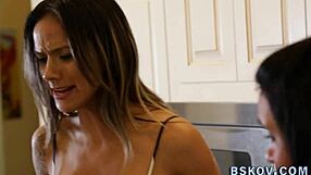 The milf says, 'Feel my footjob in stockings.'