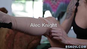 The milf says, 'Feel my footjob in stockings.'