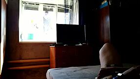 Milf masturbates with dildo for window cleaner