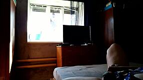 Milf masturbates with dildo for window cleaner