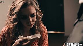 Blonde babe tiffany watson sucks guy's big hard cock after cleaning his pants.