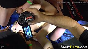 European slut takes spunk on face in hardcore blowbang with stockings