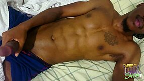 Ebony amateur masturbates cock to cumshot with high vibrations.