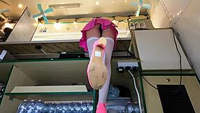 Pretty Brunette Teen Flashes Upskirt at Work Serving Customers