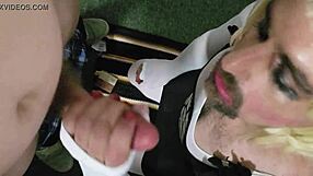 Zoey, the shemale crossdresser, gives a blowjob after work