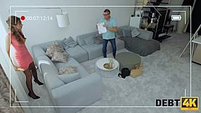 Debt Collectors Peep Show With Shaved Pussy And Stockings In Pov