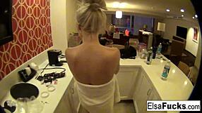 Elsa, look at my hotel room and this wet pussy I'm showing off, she says.