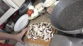 Hairy pussy on display: Nude milf cooks and masturbates in kitchen
