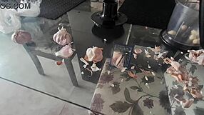 Latina blonde slut with big ass masturbates, showing wet pussy in fetish scene