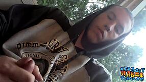 A hairy straight guy jerks off outdoors