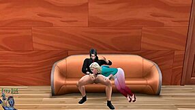 threesome with a blonde shemale on the couch involves intense blowjobs and assfucking.