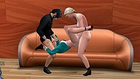 threesome with a blonde shemale on the couch involves intense blowjobs and assfucking.