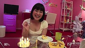 asian girl gives handjob and creampie