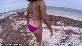 a busty ebony amateur in a bikini gets her big ass doggystyled deeply after a blowjob.