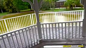 In the street, skinny teen Sabrina gives POV blowjob leading to facial cumshot