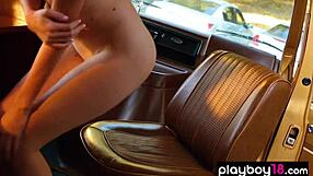 Busty Blonde Undresses, Reveals Pierced Pussy in Van
