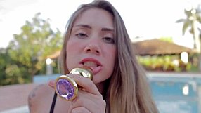 Sara, the blonde Latina, engages in a thrilling double penetration scene outdoors