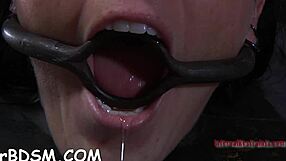 Bold brunette babe spreads wide in intense bondage blowjob