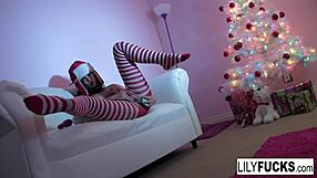 sexy lily squirts all over during christmas masturbation