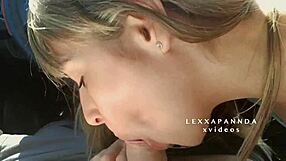 blonde teen stuns with public blowjob to lucky chubby geek