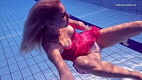 elena proklova, blonde teen 18+, shows off tight pussy and natural tits in pool dress.