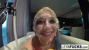 Blonde Babe Leya Falcon Showers in the Tub, Using the Shower Head on Her Big Ass and Tits