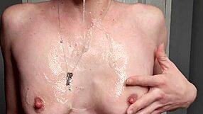 Mommy milf gags on toys while blowing spit bubbles and spitting on saggy tits in homemade fetish