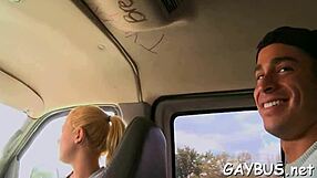 Pornstar hunk rides cock in car blowjob contest