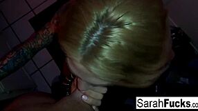 pornstar sarah jessie delivers a blowjob in the bathroom, leading to a cumshot