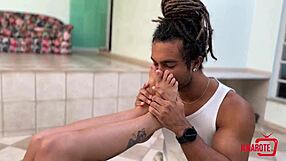 Driving The Boy Crazy With Footjob Licks And Sucking His Muscular Body!