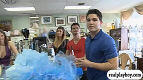 girl swims topless in monofins for some cash, flashing outdoors