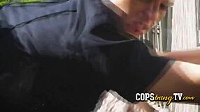 Brunette copper in uniform stops along the street to fuck with two black guys and their big cocks