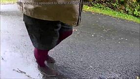 Woman in pantyhose outdoors says, 'This is public.'